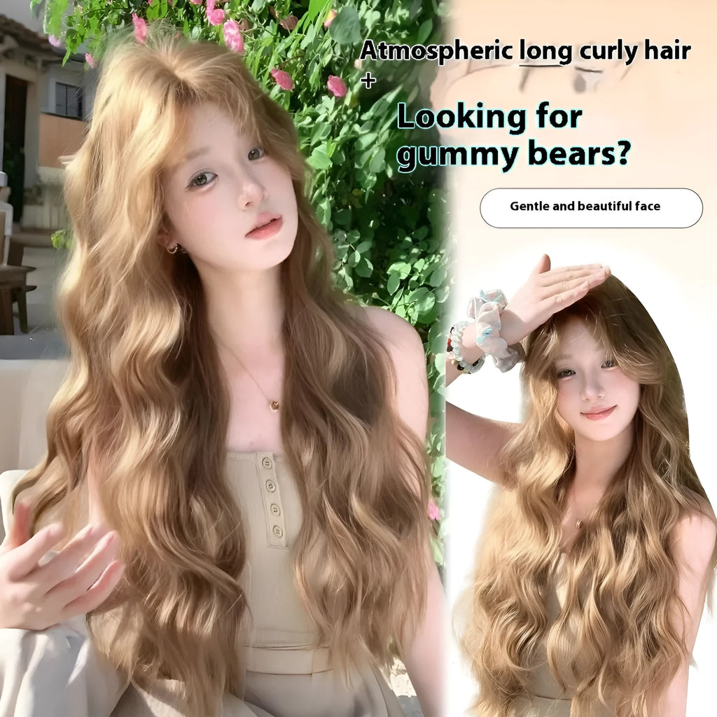 Linen brown medium long curly synthetic wig with hair net on display
