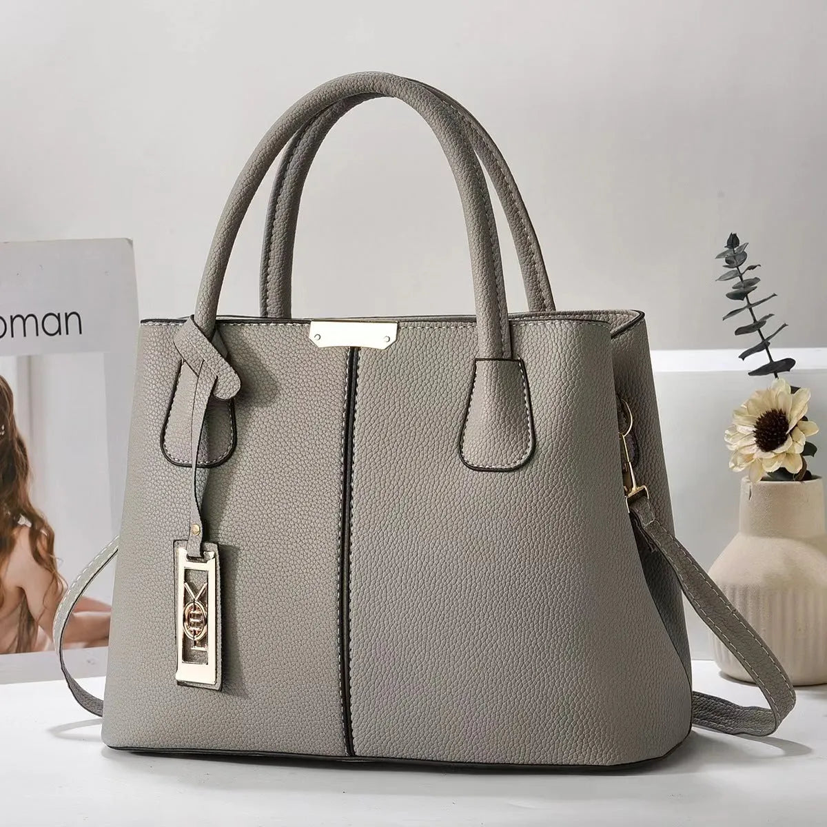 Women's large capacity square shoulder bag in soft PU leather with leather strap