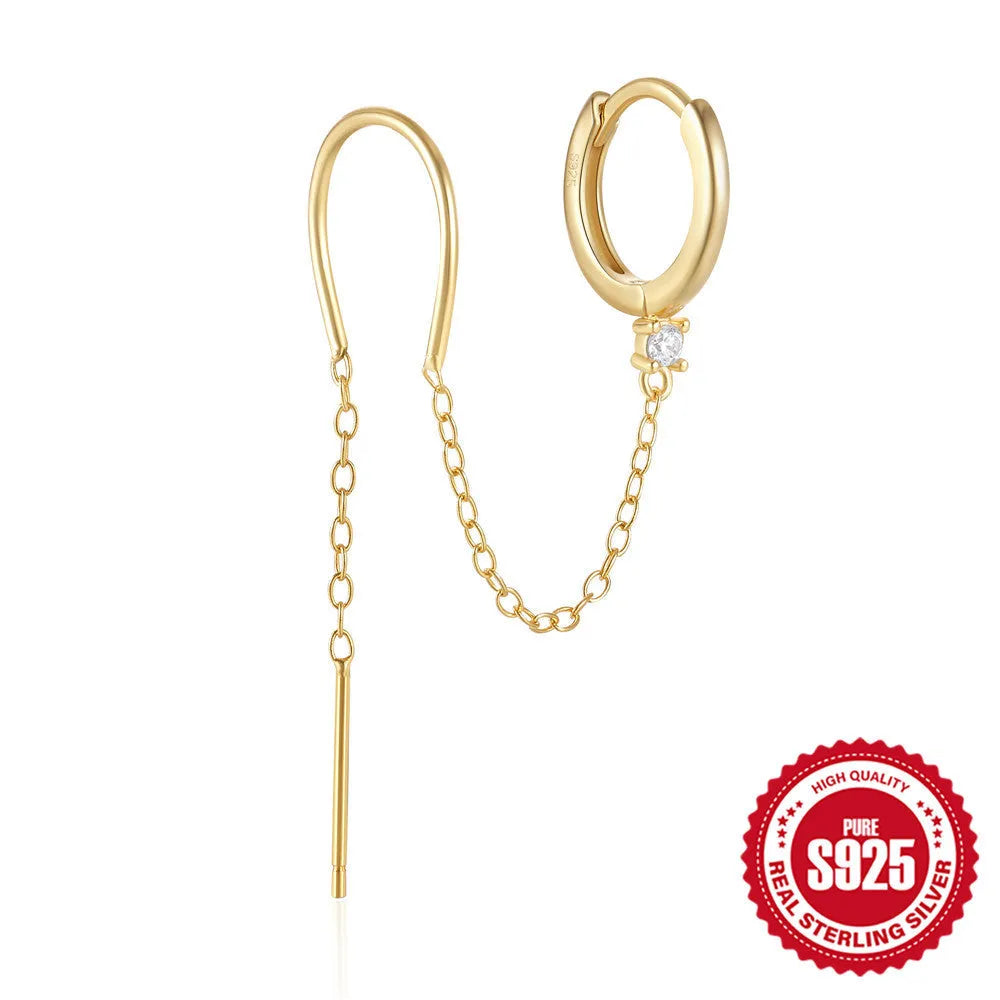 S925 sterling silver diamond flower tassel chain ear clip stud earrings in gold colour