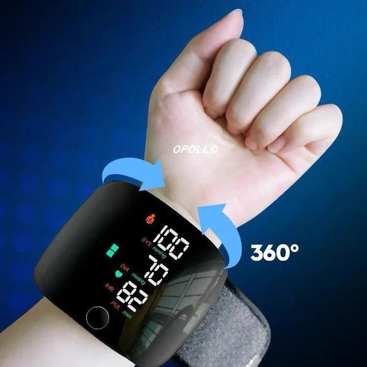 Black wrist rechargeable blood pressure monitor with USB port and digital display.