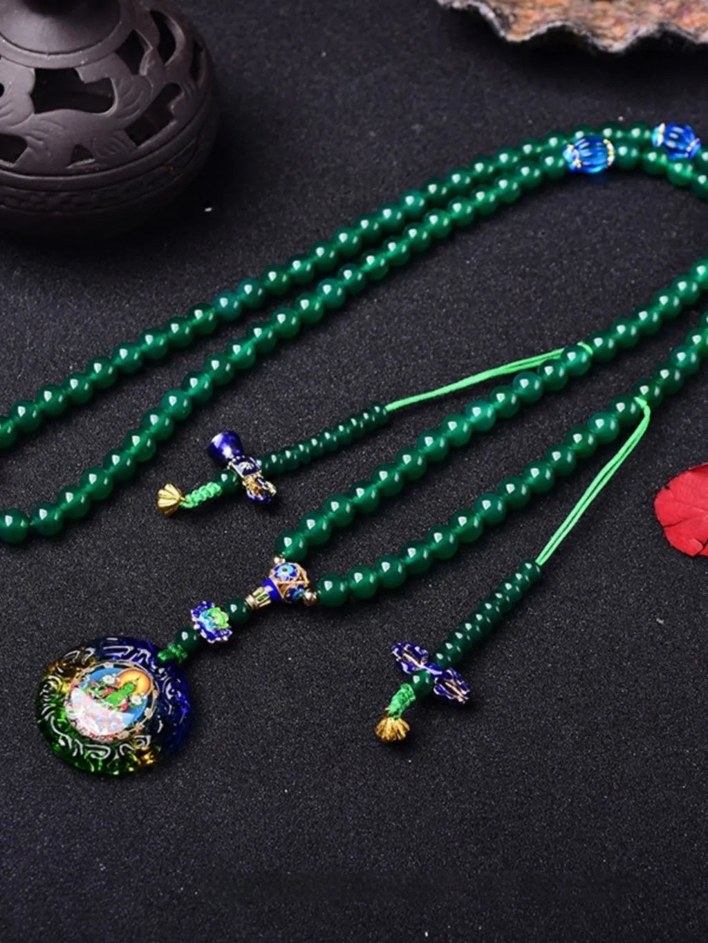 Handmade natural green agate multi-circle bracelet with Thangka pendant and certificate