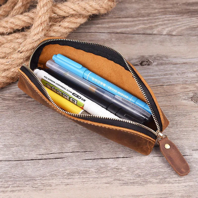 Handmade cowhide leather pencil case with zipper, square 18x6x6cm design in four colour options