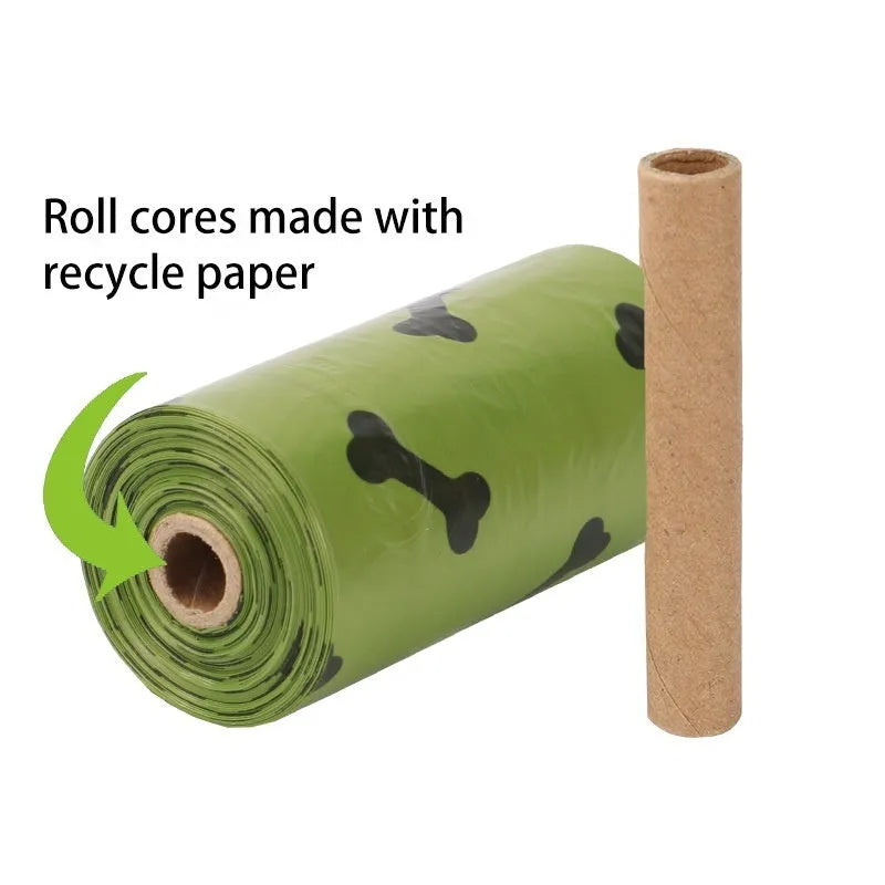 Military green degradable dog poop bags with black bone print, measuring 23 by 33 centimetres