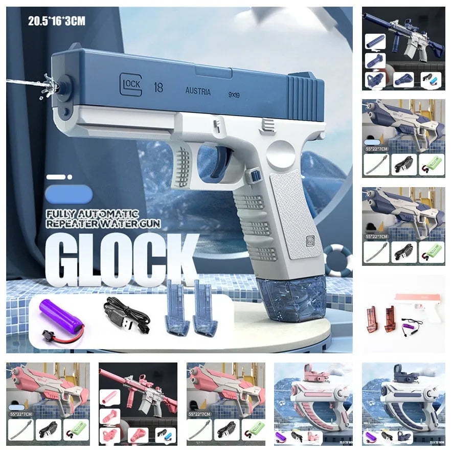 Blue electric water gun with USB charging port and trigger, showing 55cm length scale