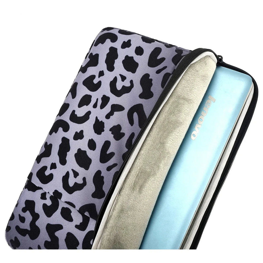 Leopard print laptop sleeve with waterproof polyester exterior and protective flannel lining