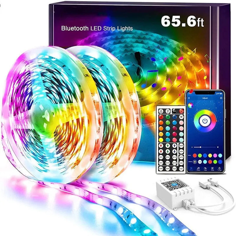LED 5050 RGB light strip with Bluetooth remote control and power adapter on white background