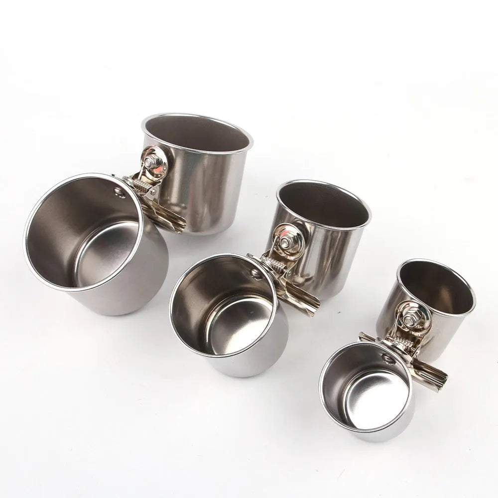 Stainless steel outdoor birdcage feeder in natural colour, shown in three size options.