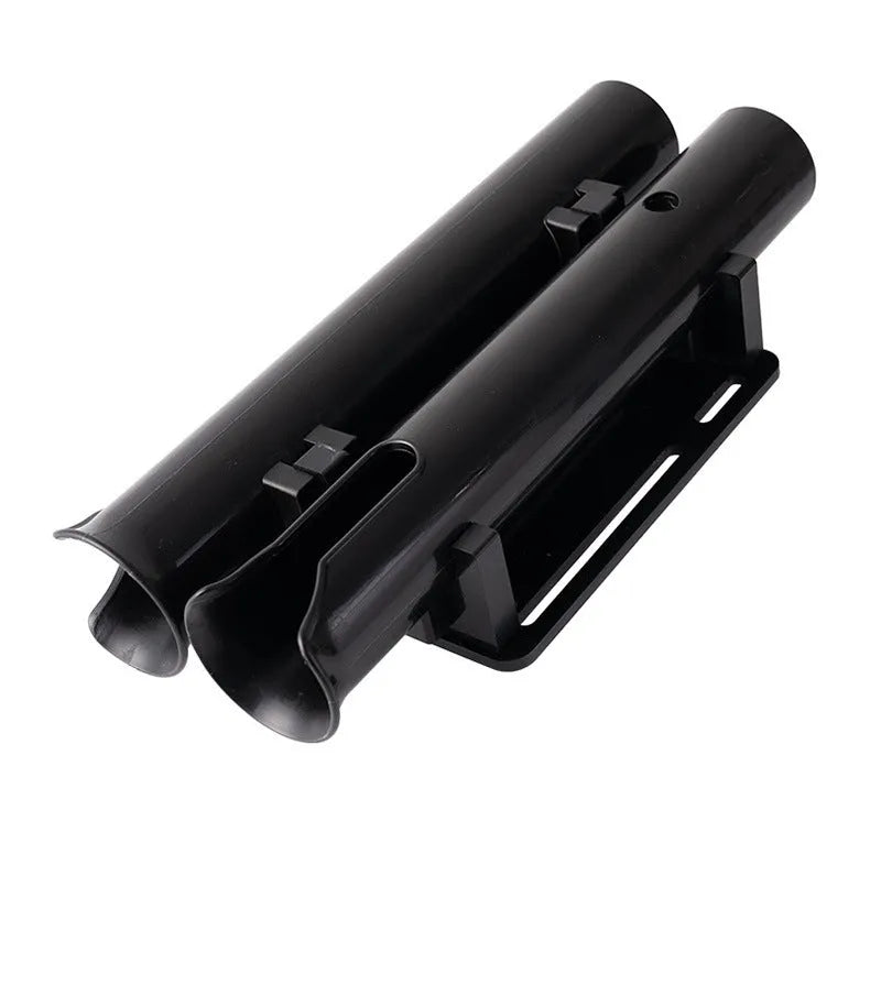 Plastic fishing rod rack with carbon finish mounted on a bicycle handlebar