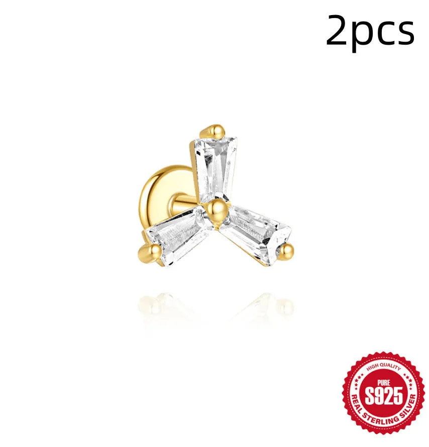 S925 sterling silver zircon stud earrings in golden geometric designs including clover, crown and chain styles