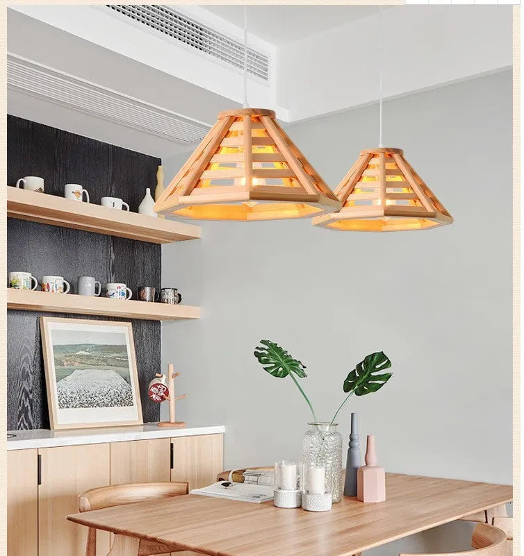 Modern minimalist bamboo woven woodcraft ceiling pendant lamp in wood colour with LED light source, 35cm or 50cm size