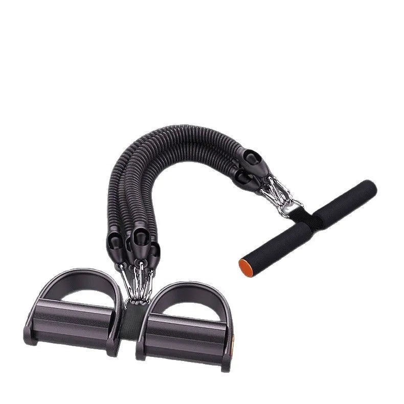 Black pedal chest expander with spring steel frame and auxiliary rope for home slimming belly and weight loss fitness.