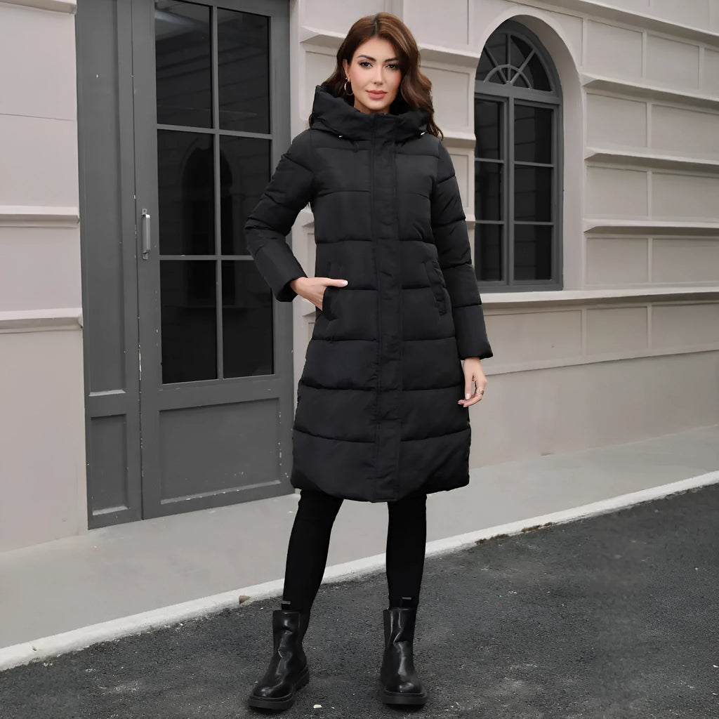 Black hooded slim fit long cotton jacket with cold-resistant thickened construction and regular long sleeves