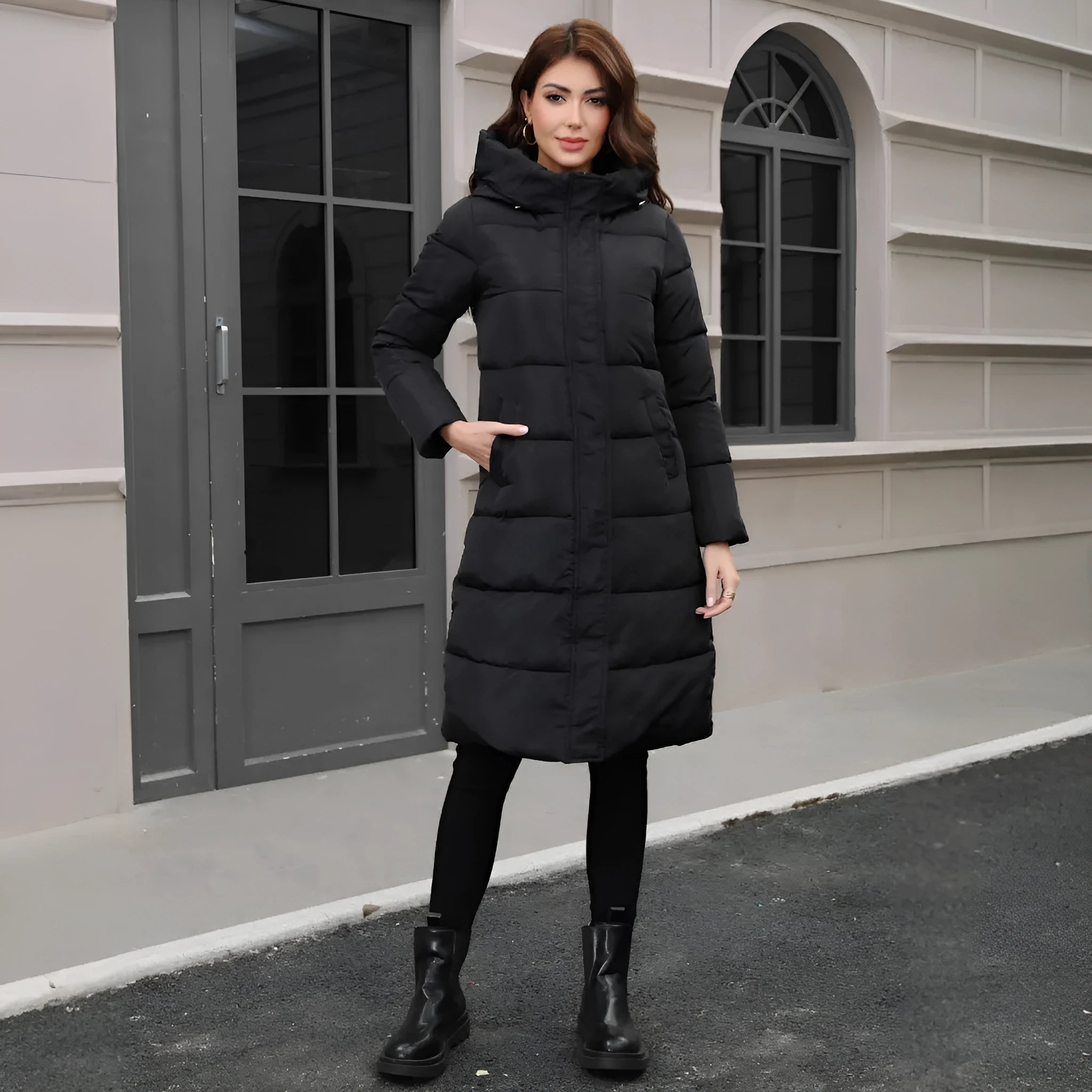Black hooded slim fit long cotton jacket with cold-resistant thickened construction and regular long sleeves