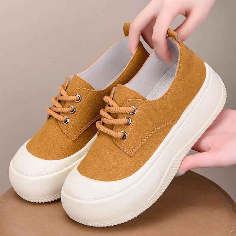 Women's suede leather platform loafers with 4cm height increase and round toe design in camel colour