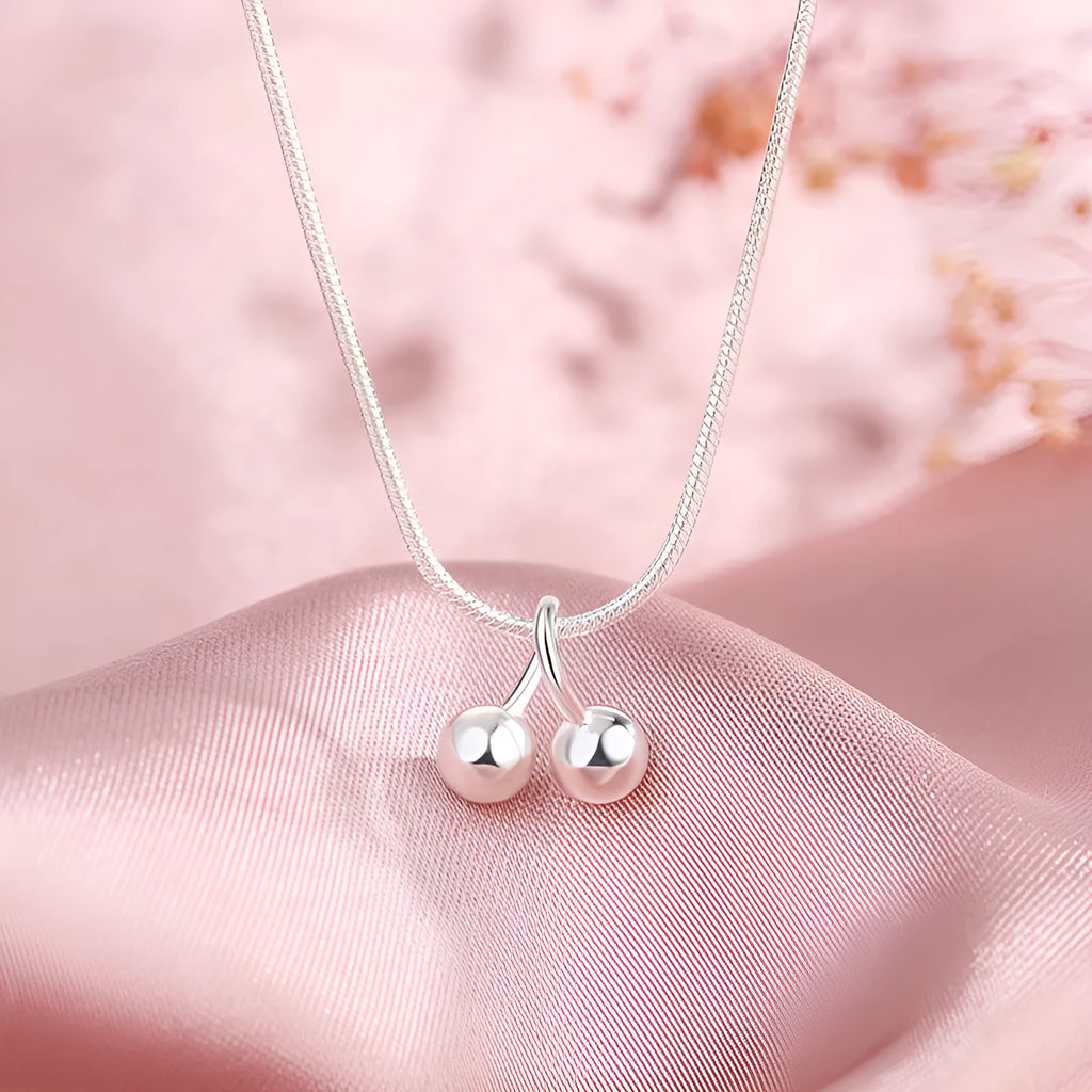 925 silver cherry necklace with snake bone chain, adjustable 21-50 cm length, Korean style fruit pendant