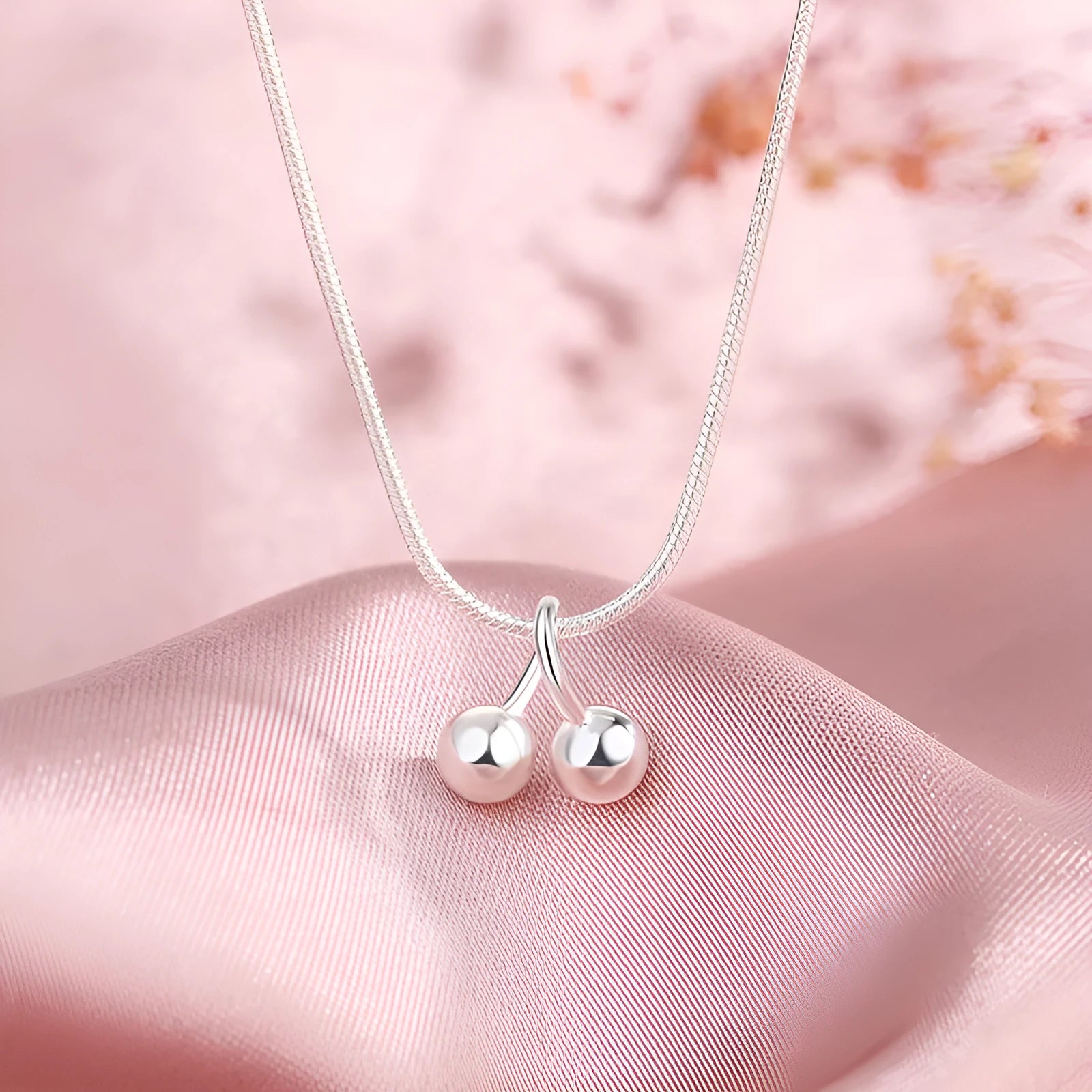 925 silver cherry necklace with snake bone chain, adjustable 21-50 cm length, Korean style fruit pendant