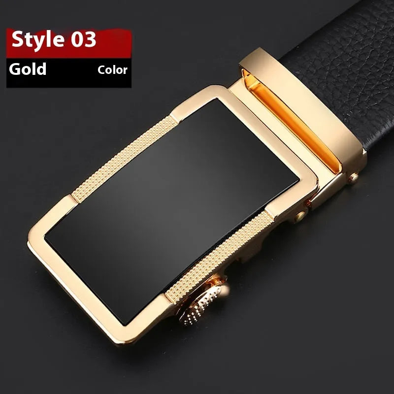 Men's gun black leather belt with an automatic alloy buckle, laid flat showing its length