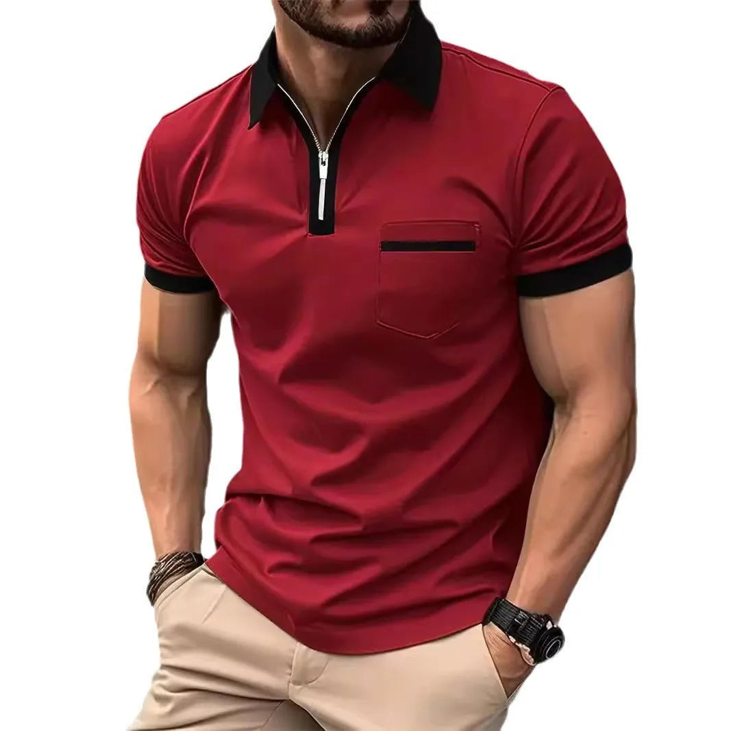 Men's casual short sleeve shirt with chest pocket in a loose fit, shown in a colour with contrasting collar.