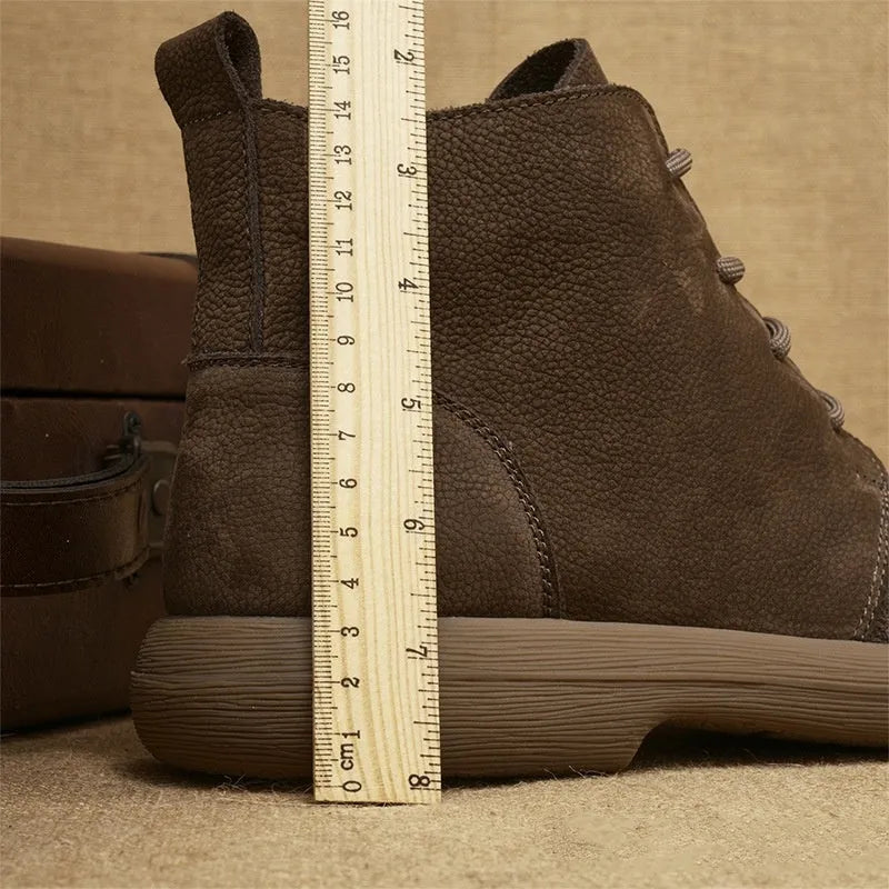 Men's grey retro Martin ankle boots with frosted leather and front lace-up design on a rubber sole.