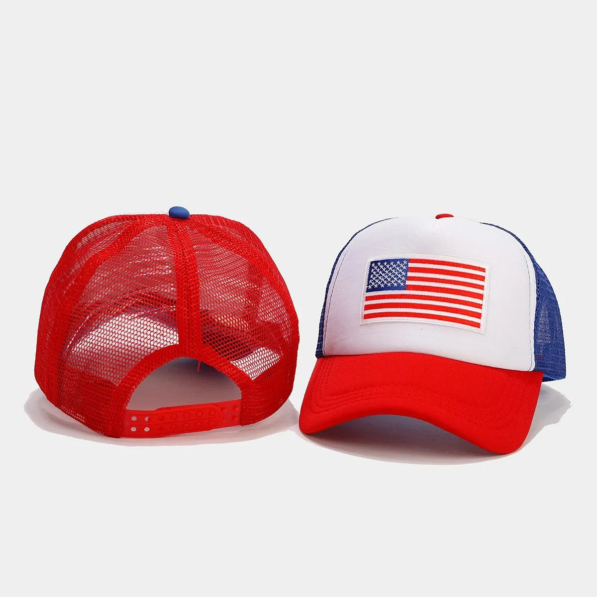 Red and blue dome-crown baseball cap with adjustable strap and breathable mesh design