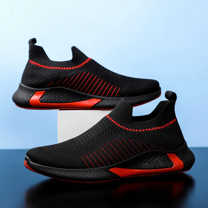 Men's black and white mesh sock sneakers with a striped design and lace-up front.
