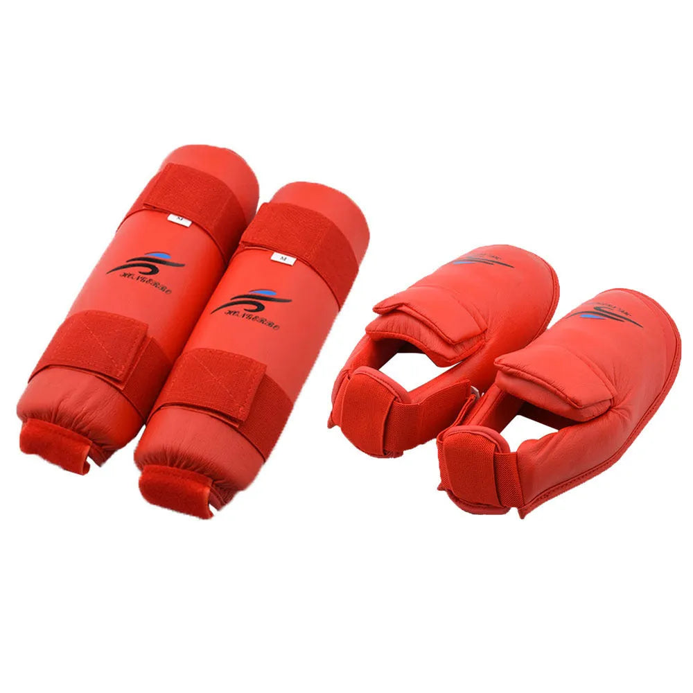 Karate protective gear set with red boxing gloves, leg guards and helmet for martial arts training