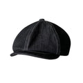 Black Japanese denim fabric beret hat shown in three adult sizes