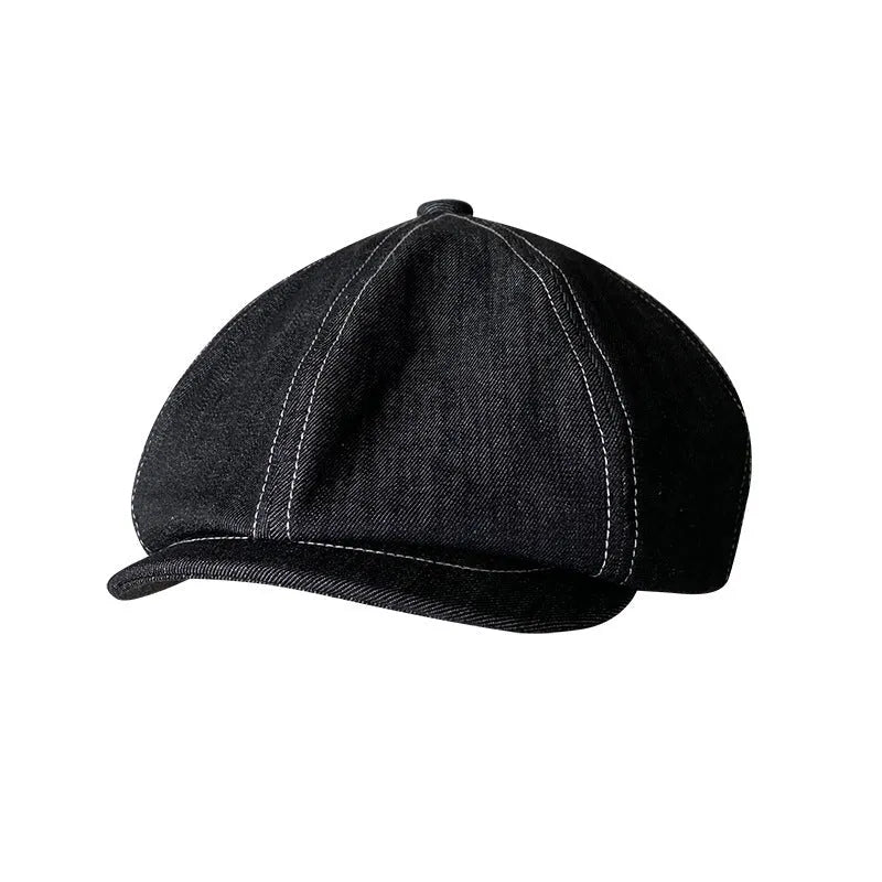 Black Japanese denim fabric beret hat shown in three adult sizes