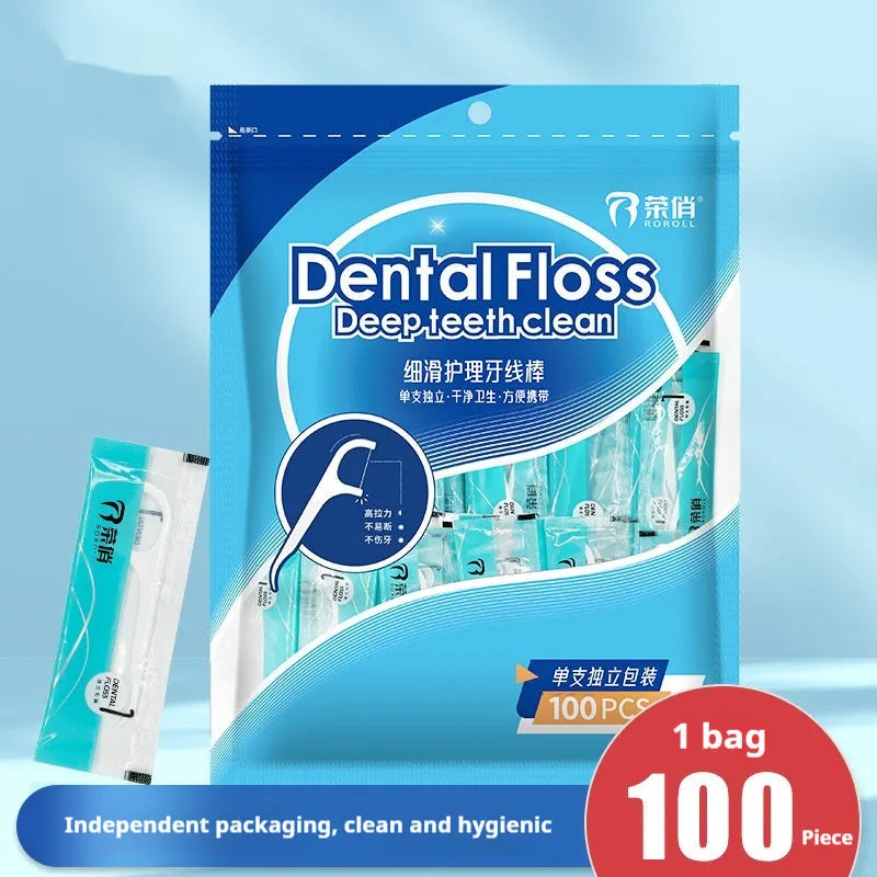 Dental floss with independent packaging in plastic material showing 100 single pack option