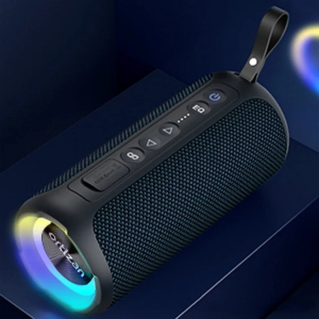 Black and blue fabric Bluetooth speaker with RGB lighting and waterproof construction