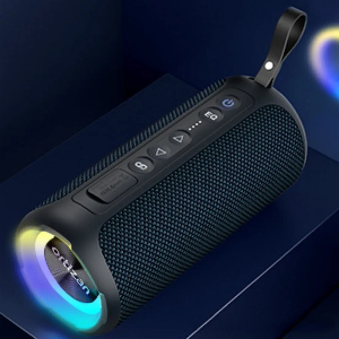 Black and blue fabric Bluetooth speaker with RGB lighting and waterproof construction