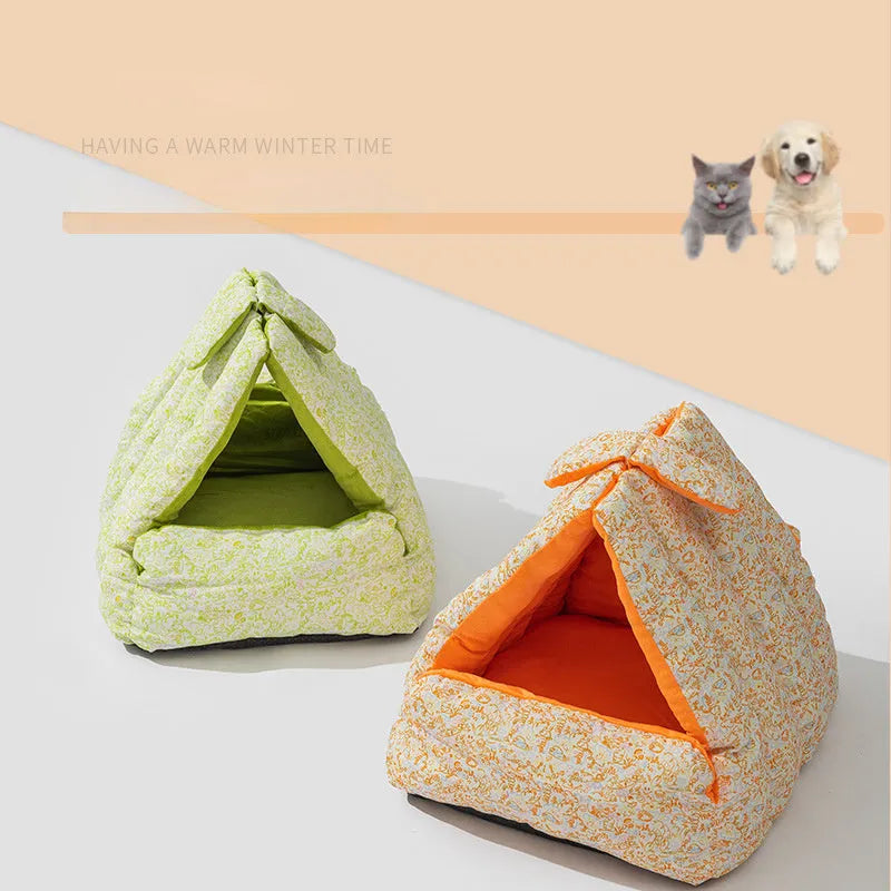 Green triangular flannel pet nest semi-enclosed for small rabbits cats dogs