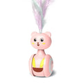 Blue cat feather wand toy with rotating ball bumbler design on pink background