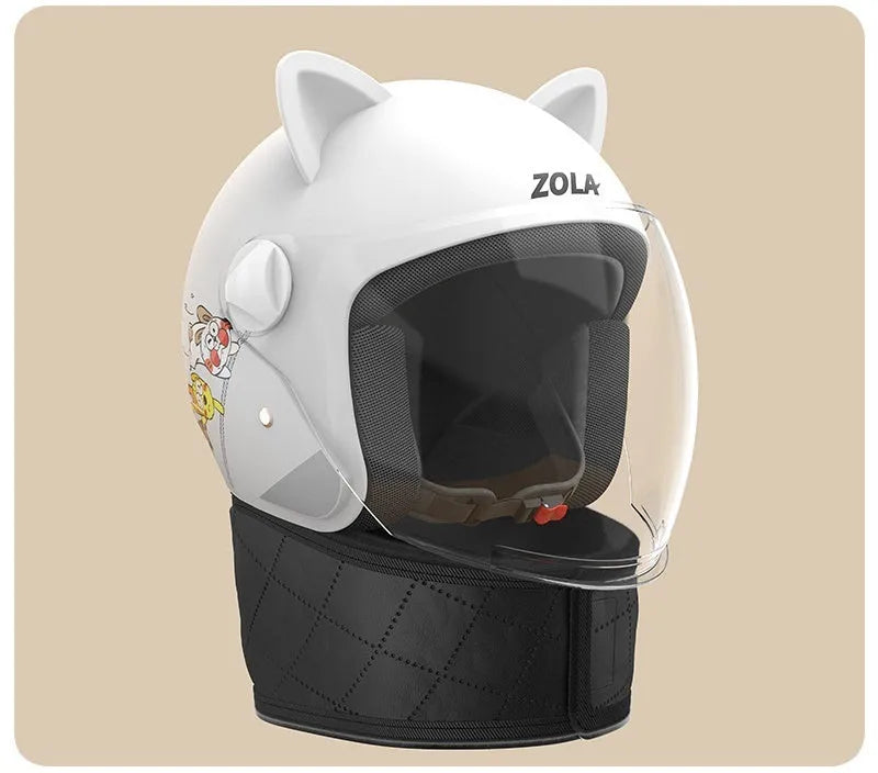 Adult electric bicycle helmet with attached winter scarf and anti-fog visor in blue colour
