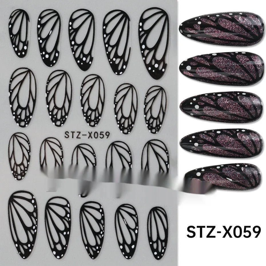 Plastic sheet of black, silver, and cartoon design nail art stickers for DIY manicures.