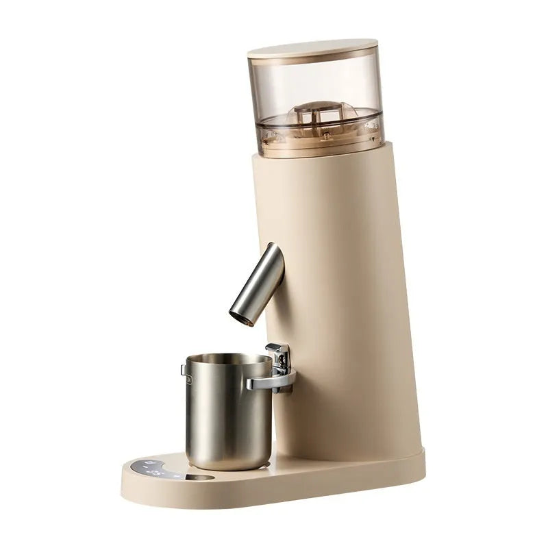 Portable automatic coffee grinder with stainless steel reservoir and temperature control display