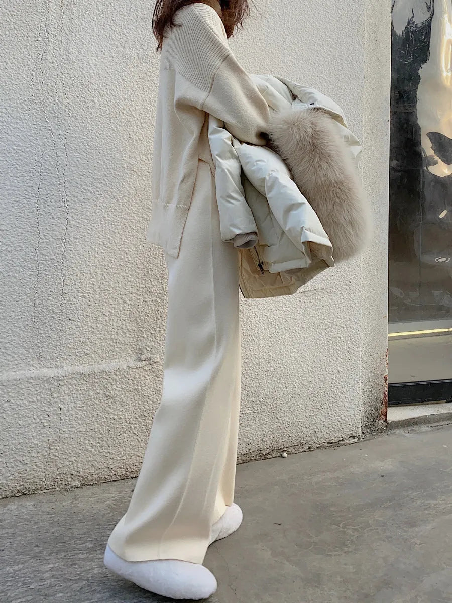Women's high-waisted wide-leg knitting trousers in thick acrylic fabric for autumn winter casual wear