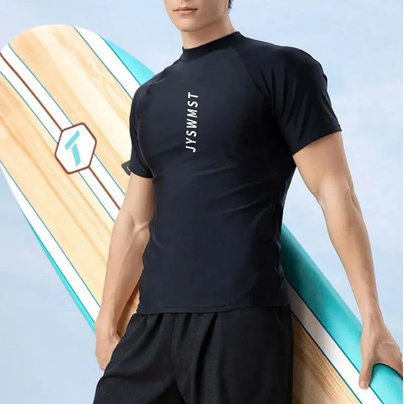 Men's patterned two-piece swimsuit set showing top and trousers on a size chart background.