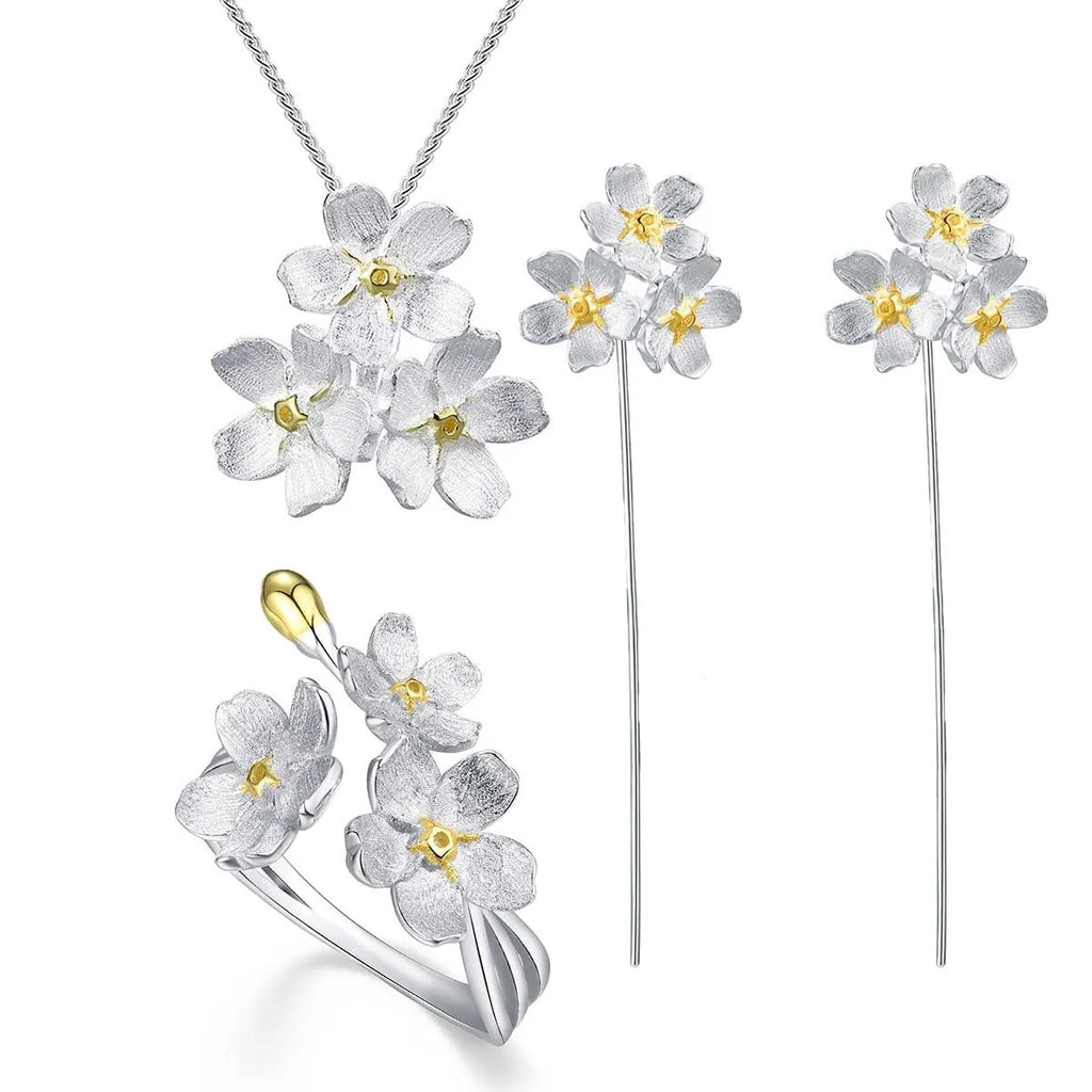 Myosotis Sylvatica forget-me-not flower sterling silver pendant with pastoral hand-designed details