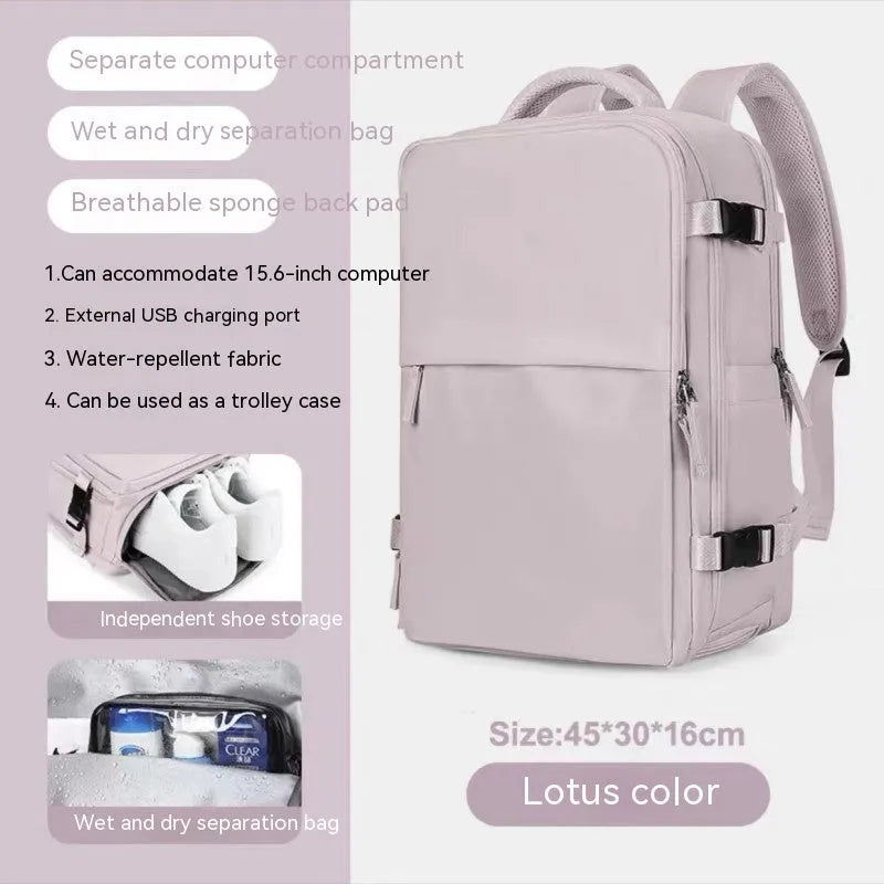 Large black nylon mummy-style travel backpack with a waterproof lining.