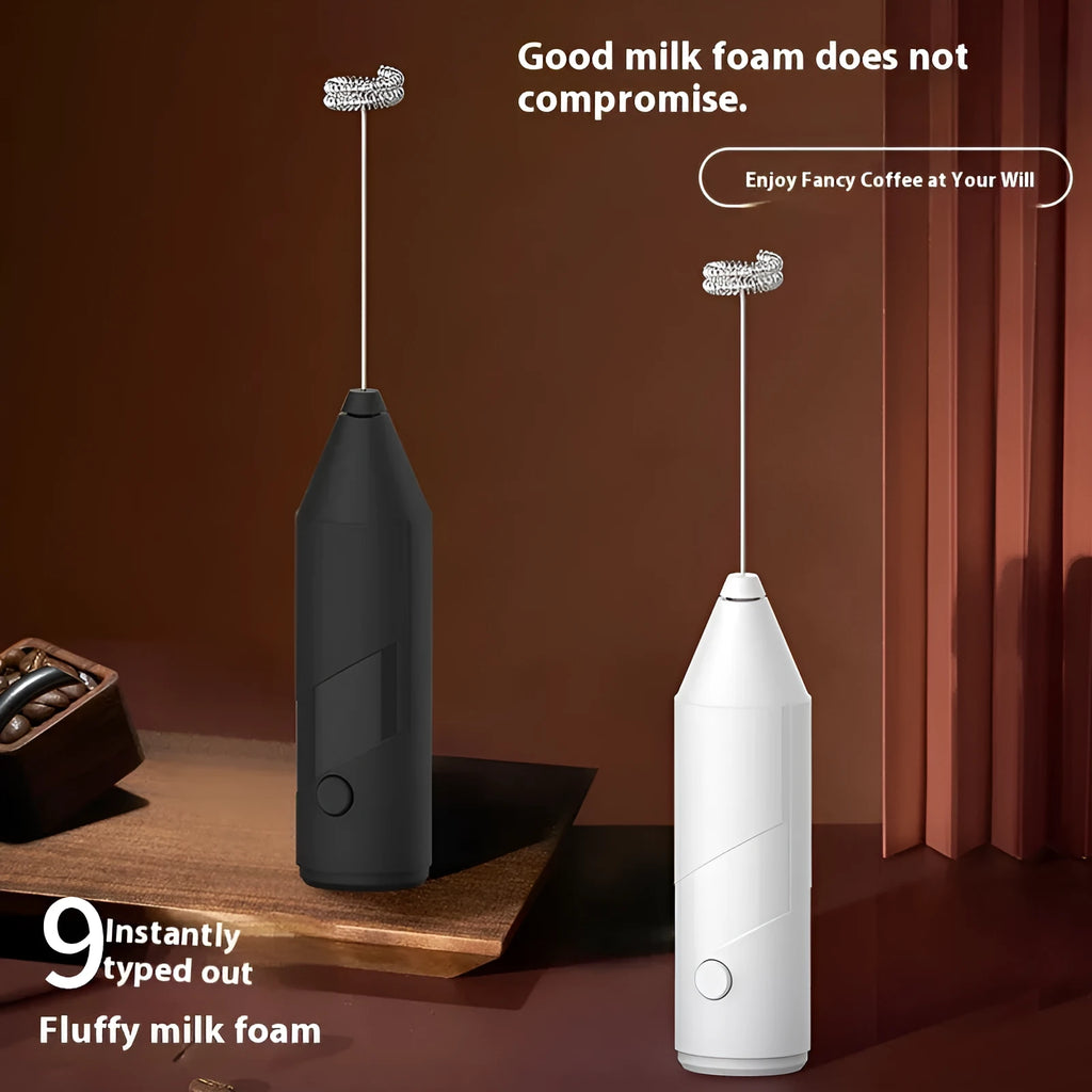 Mini handheld electric milk frother in black, white or khaki colours with USB charging port and stainless steel frothing wand