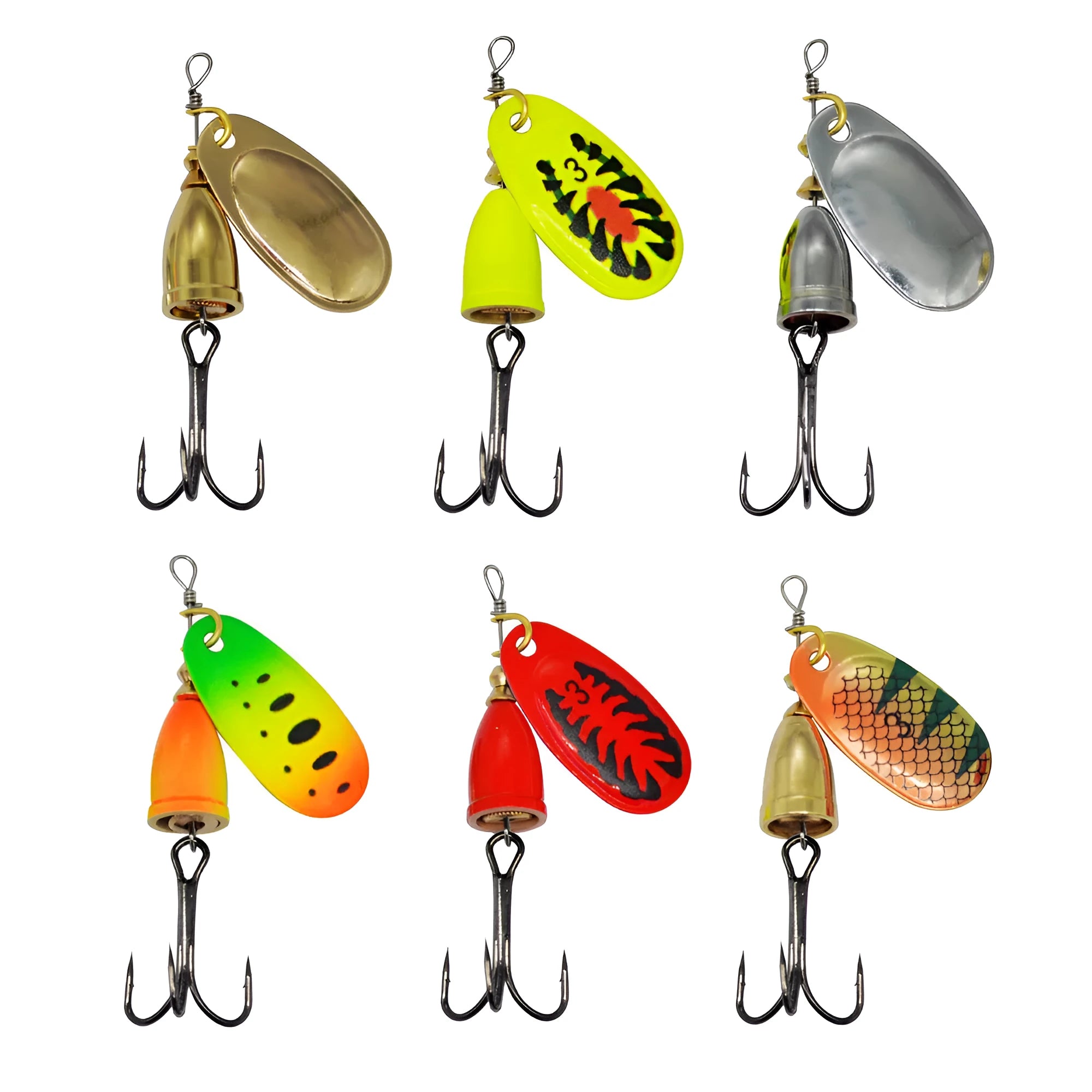 R composite rotating sequins copper bell fishing lure in 3# size showing seven colour options