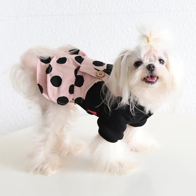 Casual cloth dog clothes showing skirt and four-legged style options in various sizes