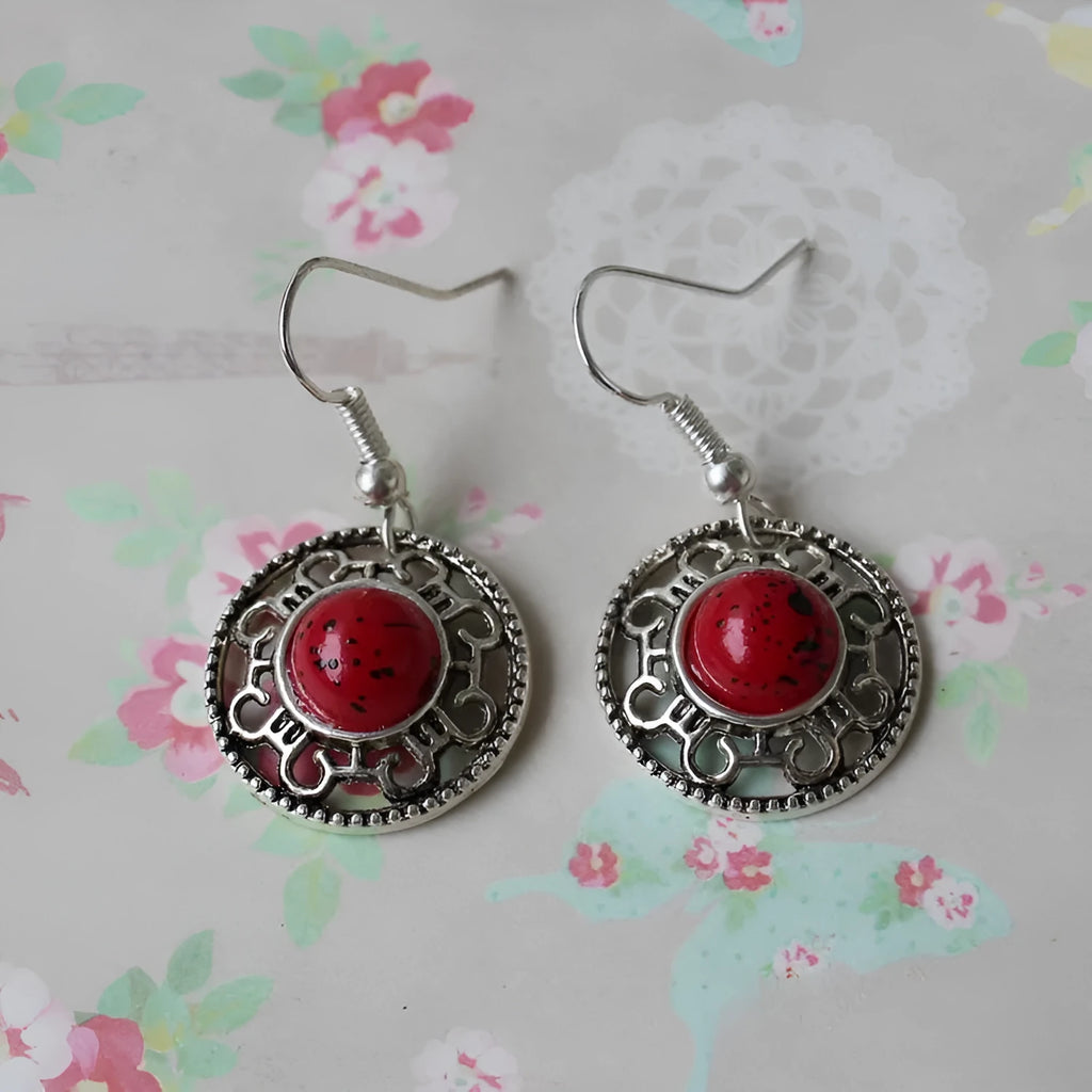 Handmade Miao silver retro turquoise flower disk earrings with geometric shape and ethnic patterns