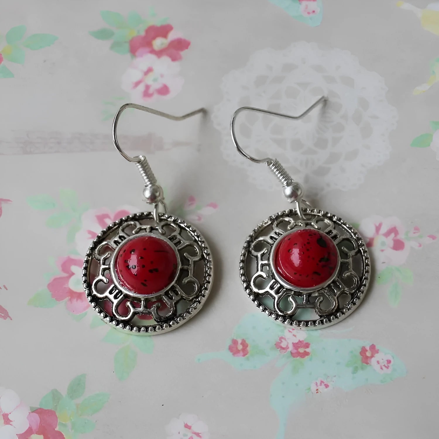 Handmade Miao silver retro turquoise flower disk earrings with geometric shape and ethnic patterns