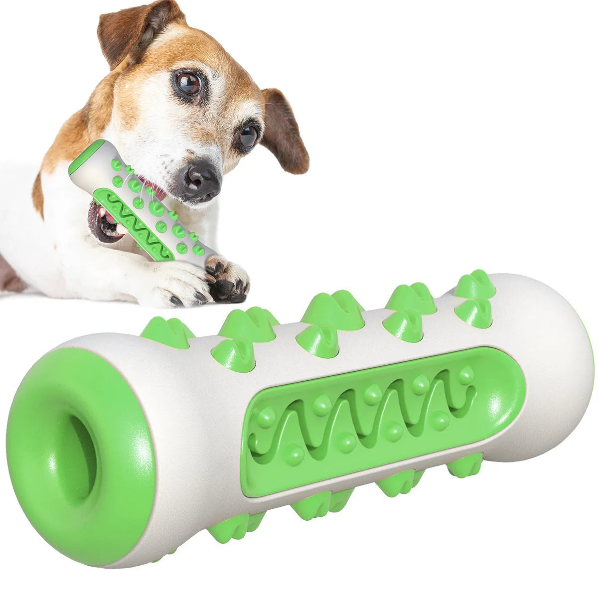 Natural rubber dog toothbrush chew toy in blue colour for dental cleaning, showing textured stick design