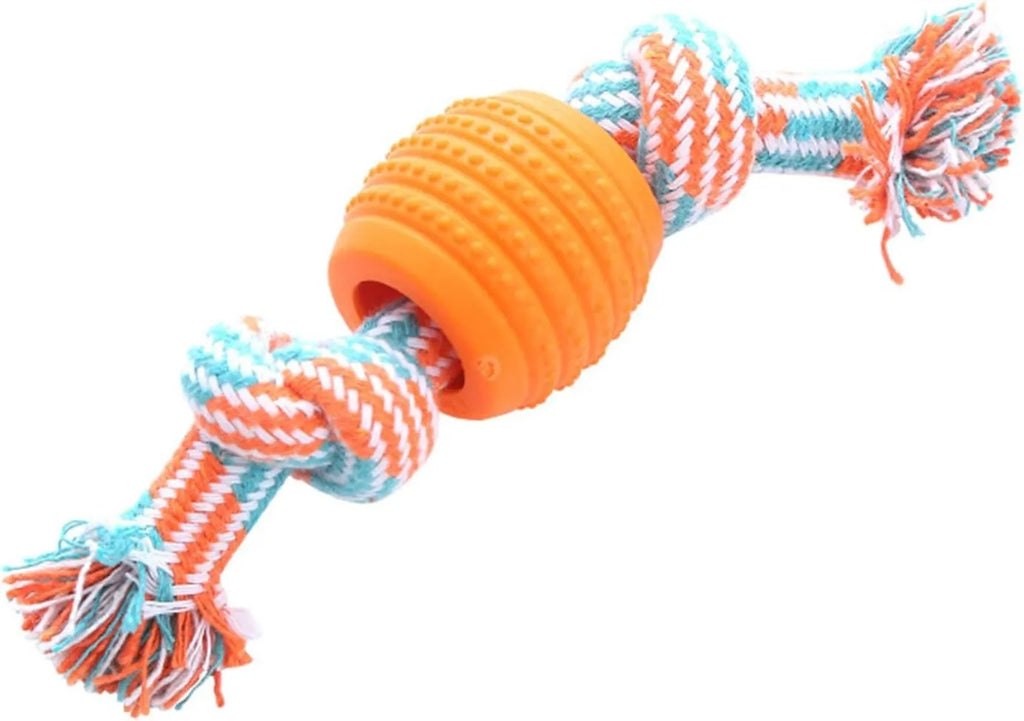 Blue molar-shaped dog chew toy with natural fibre ropes for dental cleaning