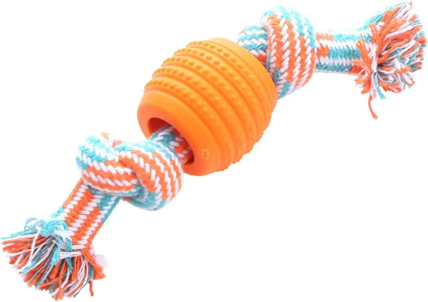 Blue molar-shaped dog chew toy with natural fibre ropes for dental cleaning
