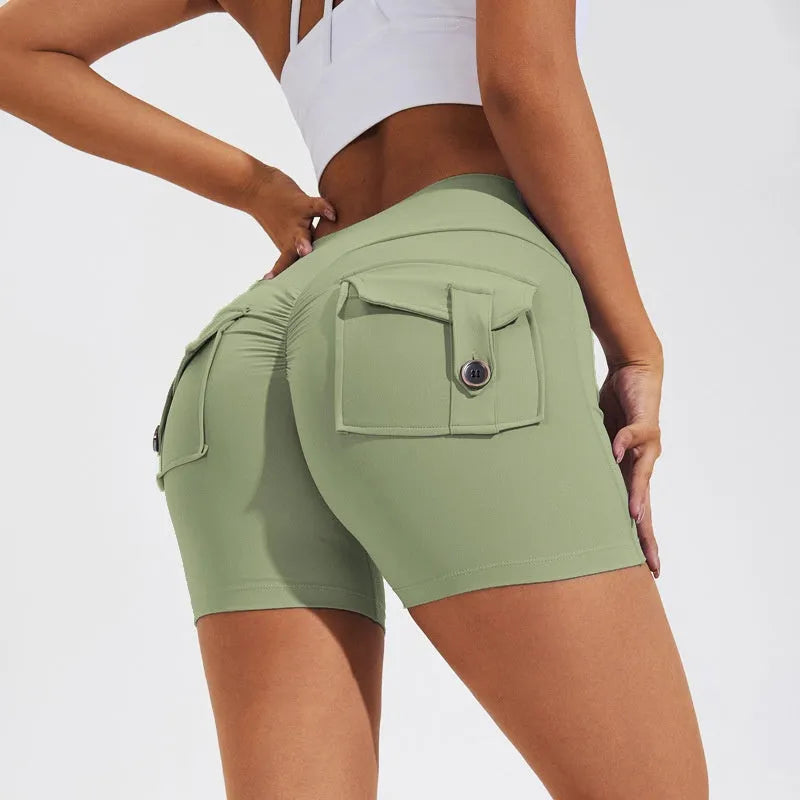 Women's high waist hip lifting sports shorts with pockets in quick-dry nylon fabric