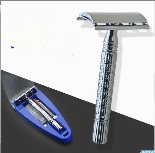 Chrome double edged safety razor with butterfly opening mechanism and storage box.